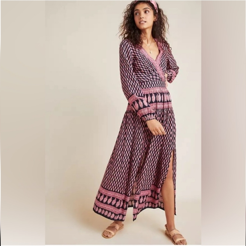 Anthropologie Raga Pink/Navy Avah Print Split Front Long Sleeve Maxi Dress